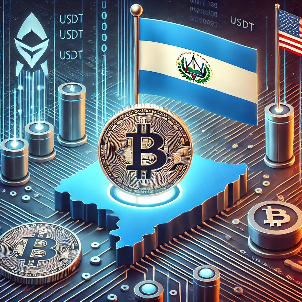 Stylized map of El Salvador with Tether (USDT) and Bitcoin symbols, representing the nation's crypto ambitions and innovation in cryptocurrency adoption