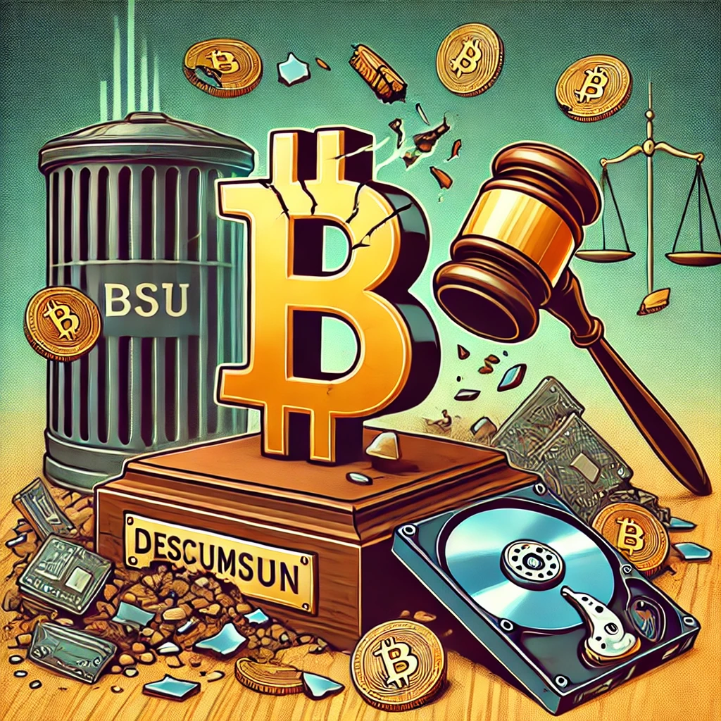 A broken Bitcoin symbol, a hard drive partially buried in a landfill, and a courtroom gavel in the background, symbolizing the legal and ethical implications of the $750 million Bitcoin hard drive retrieval case.