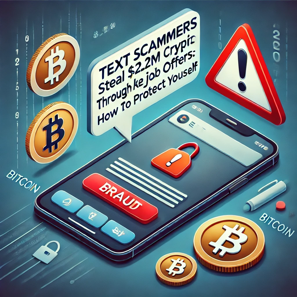 Smartphone displaying a suspicious text message, cryptocurrency symbols like Bitcoin, and a red warning sign symbolizing fraud, emphasizing the importance of security awareness.