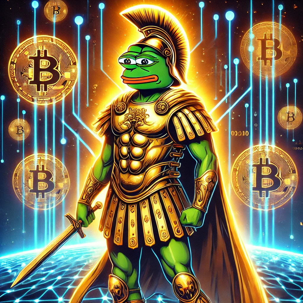 Pepe the Frog in golden Roman-style armor, standing confidently in a futuristic digital world with glowing blockchain patterns and cryptocurrency symbols in the background.