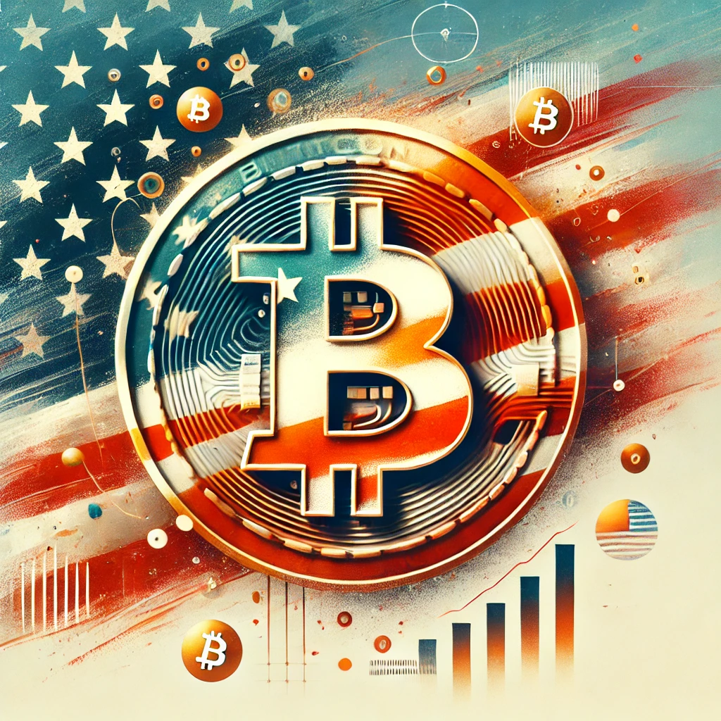 Abstract design featuring the U.S. flag subtly blended with a Bitcoin symbol and elements of financial growth, symbolizing cryptocurrency innovation under a pro-crypto administration.