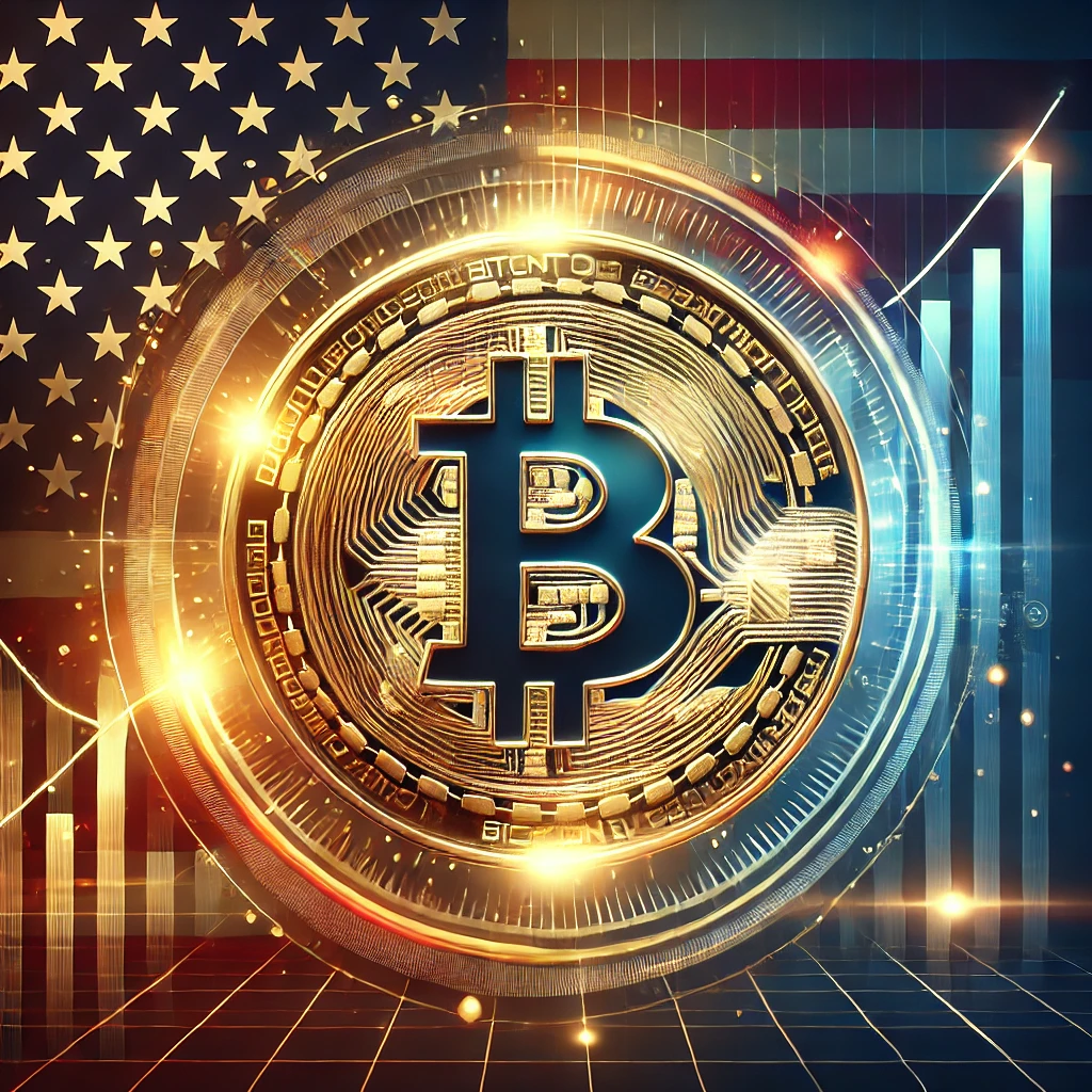 A glowing Bitcoin logo with the USA flag subtly integrated into the background, accompanied by elements of financial growth and digital innovation in gold, blue, and red tones.