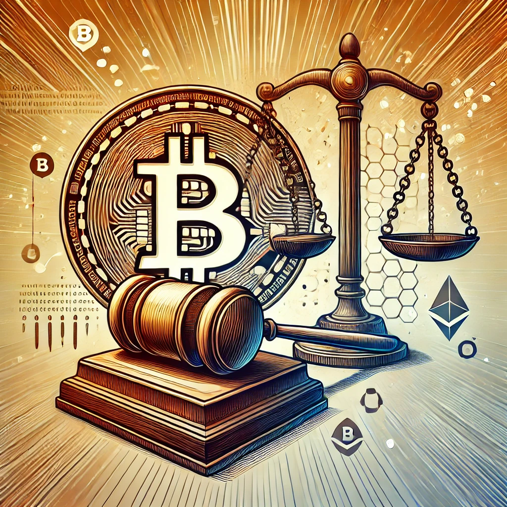 Bitcoin symbol with a gavel and balance scales, symbolizing changes in cryptocurrency regulations under new leadership