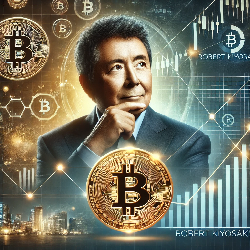 Digital portrait of Robert Kiyosaki with a Bitcoin symbol and a background of financial graphs and cryptocurrency elements.