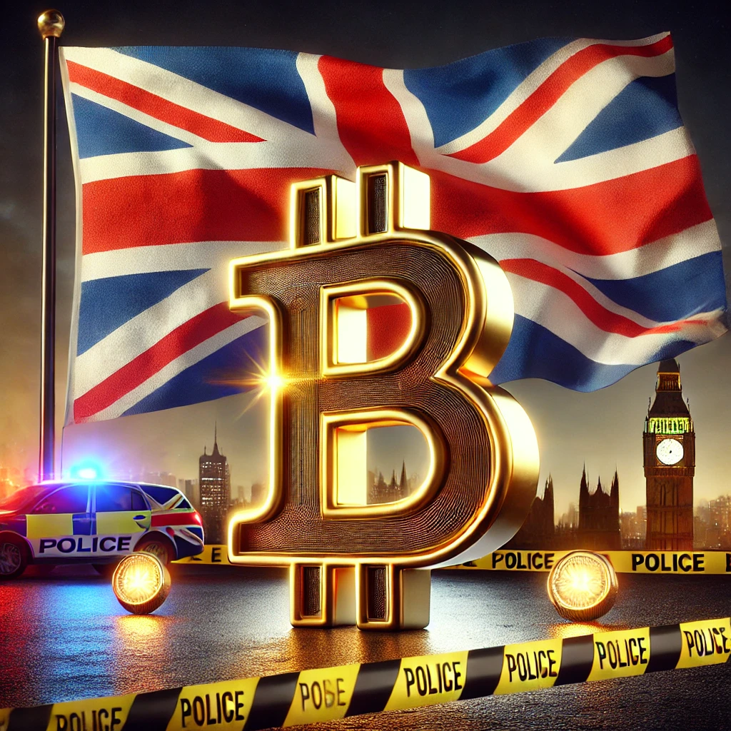 An artistic illustration of a glowing gold Bitcoin symbol with the UK flag in the background, symbolizing the UK's historic £5 billion Bitcoin seizure.