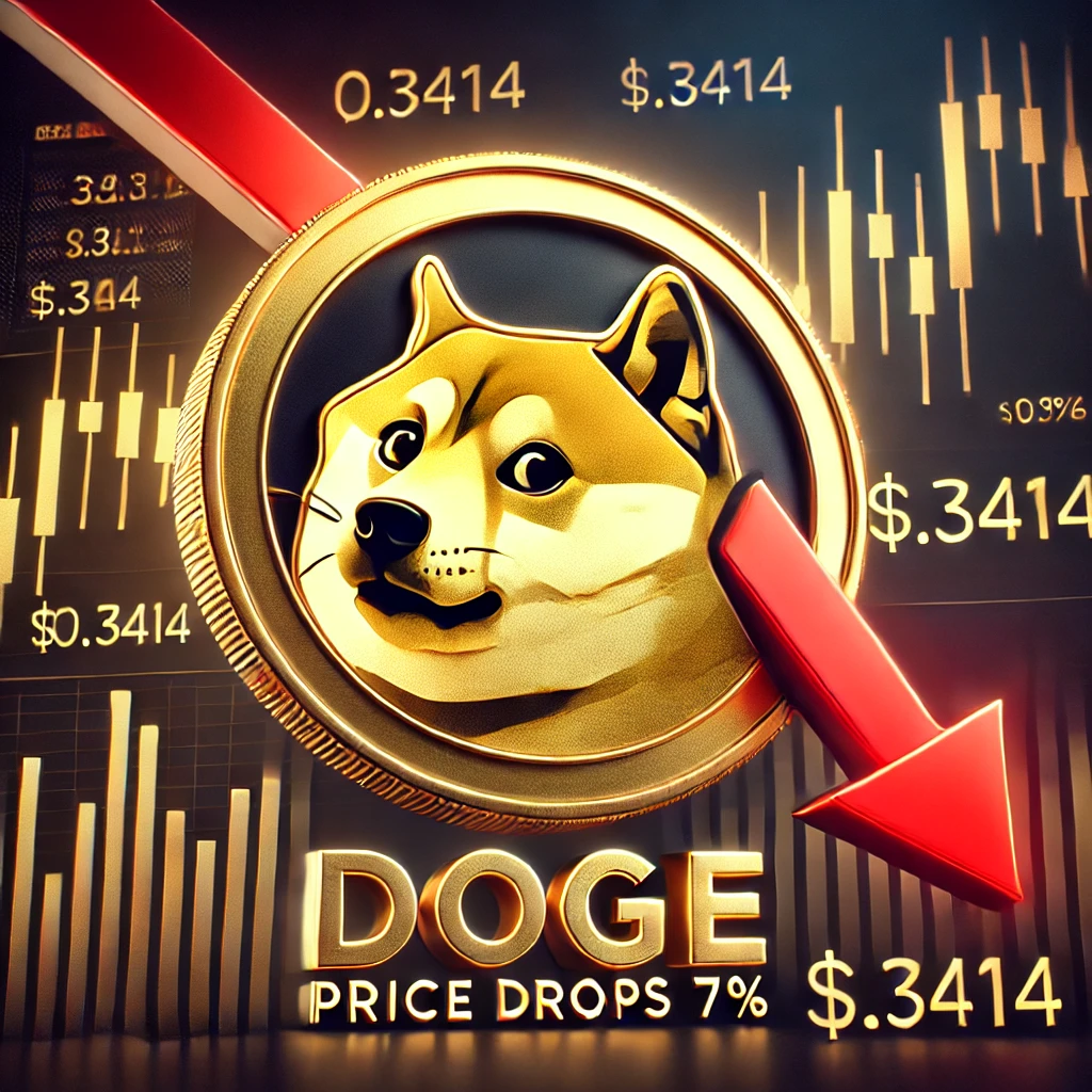 A featured image showing a gold Dogecoin logo (Shiba Inu) with a red downward arrow indicating a 7% price drop. The background includes digital stock market graphs and candlestick visuals, with text overlay reading "Dogecoin Price Drops 7%" and the price "$0.3414.