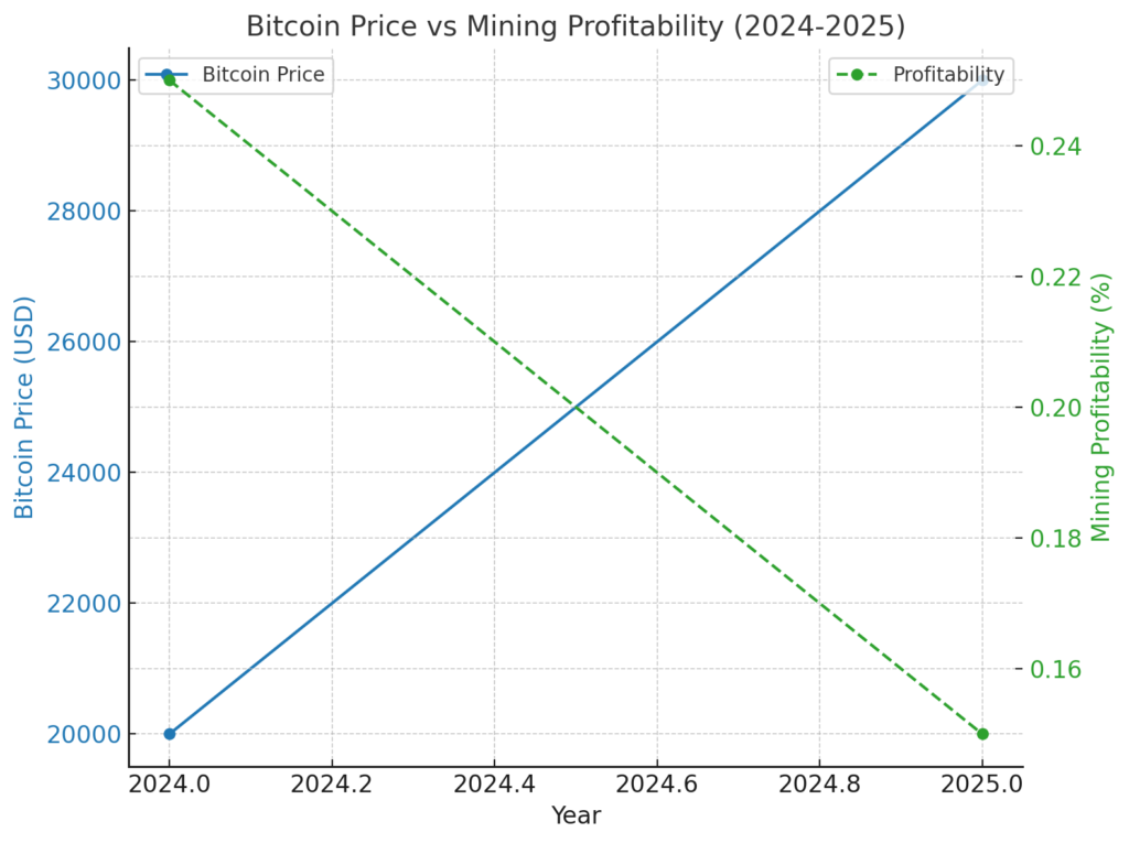 Here is the graph comparing Bitcoin's price movement and mining profitability from 2024 to 2025. The graph highlights how changes in Bitcoin's price impact mining profitability.