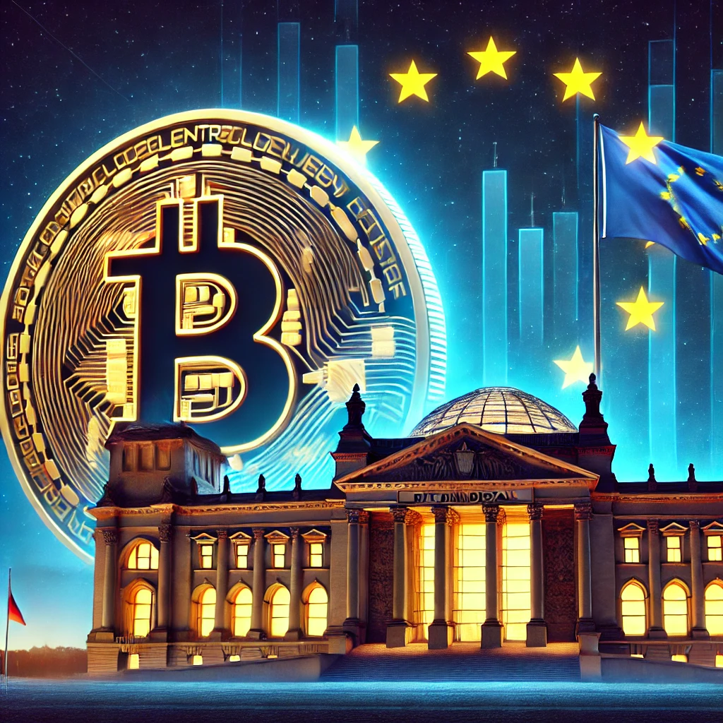 The German Bundestag with a glowing Bitcoin symbol in front, representing the AfD's proposal for Bitcoin deregulation.