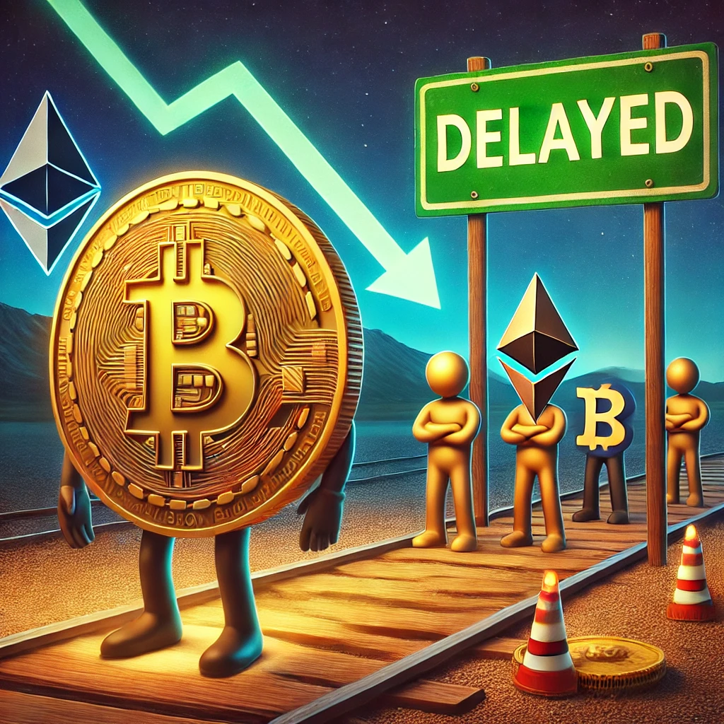 Illustration of Bitcoin causing a delay in altcoin season, with Ethereum, Solana, and XRP waiting at a ‘Delayed’ signpost while a downward trend line represents market uncertainty