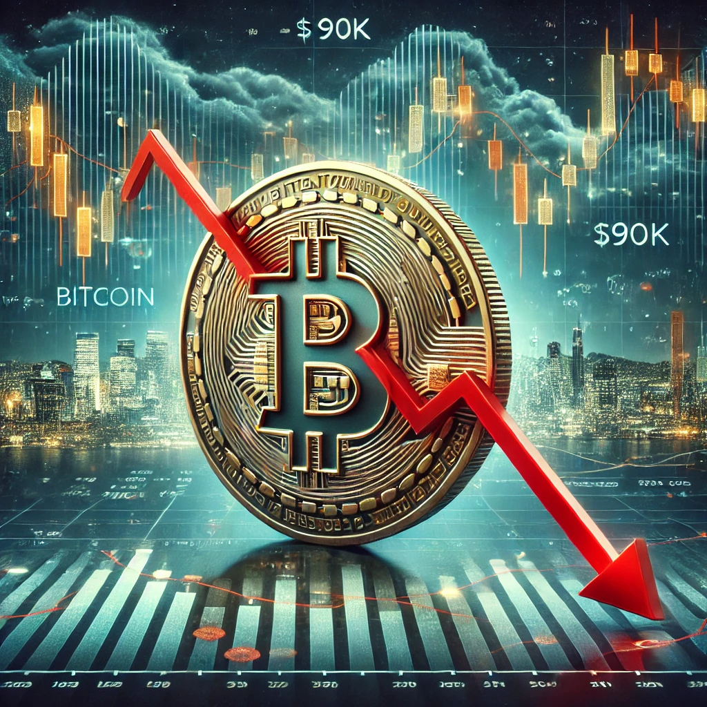 Bitcoin price drop illustration showing a Bitcoin coin with a red downward trend line on a stock market chart, set against a stormy financial backdrop