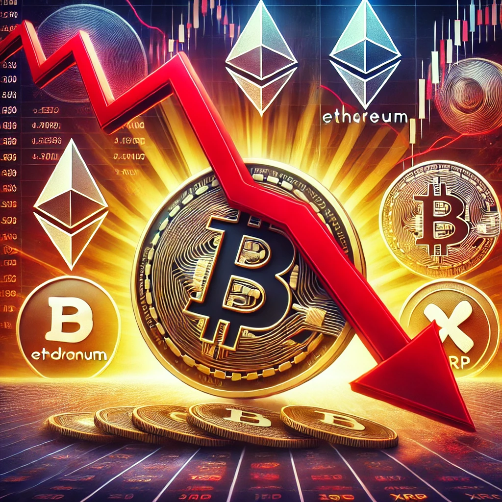 Bitcoin price drop below $90K affecting altcoins like Ethereum, Solana, Cardano, and XRP, illustrated with a red downward trend line on a financial chart."