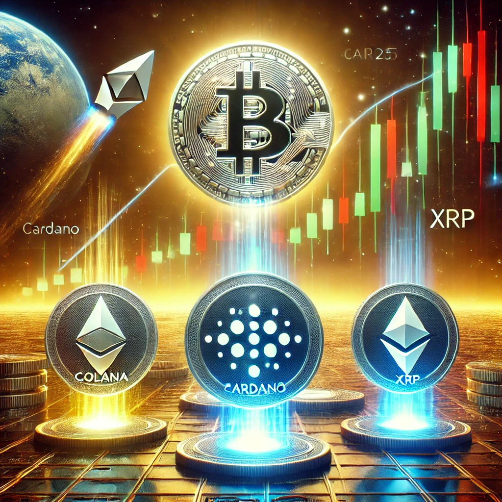 Illustration of Altcoin Season 2025, showcasing Solana, Cardano, and XRP rising against a fluctuating Bitcoin chart, symbolizing market potential and growth