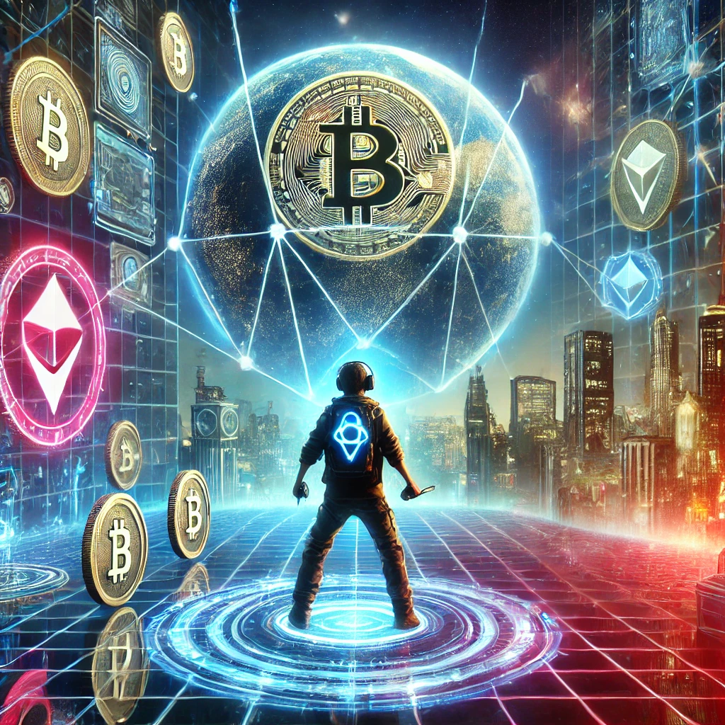 A futuristic cyberpunk-style gamer stands on a glowing digital grid, immersed in a blockchain-powered virtual world. Surrounding them are holographic cryptocurrency symbols, including Bitcoin and Ethereum, interconnected in a neon-lit cityscape.