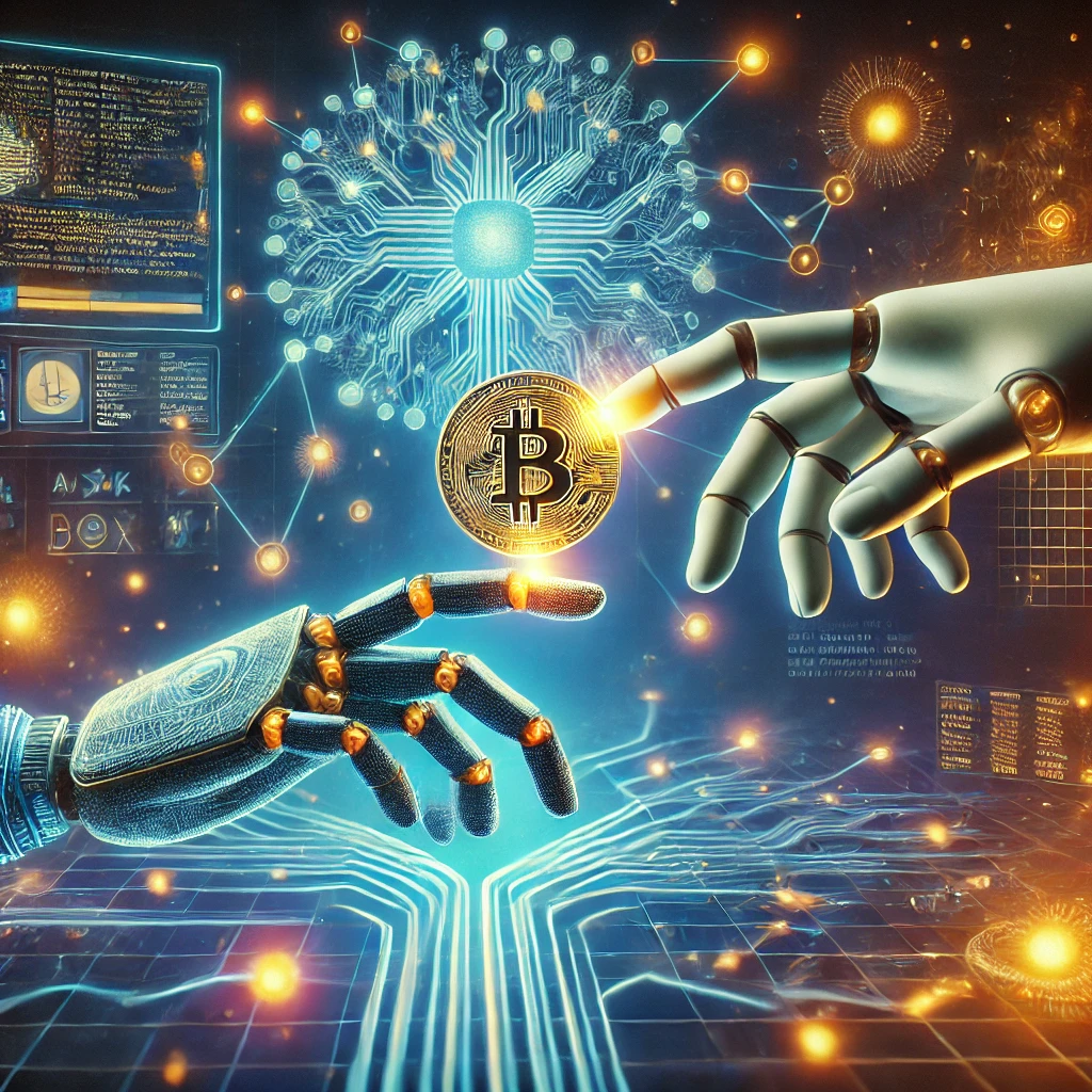 A futuristic digital artwork showcasing AI and cryptocurrency fusion. The image features two robotic hands exchanging a glowing Bitcoin, with a cyberpunk-style blockchain network and data-driven interface in the background.