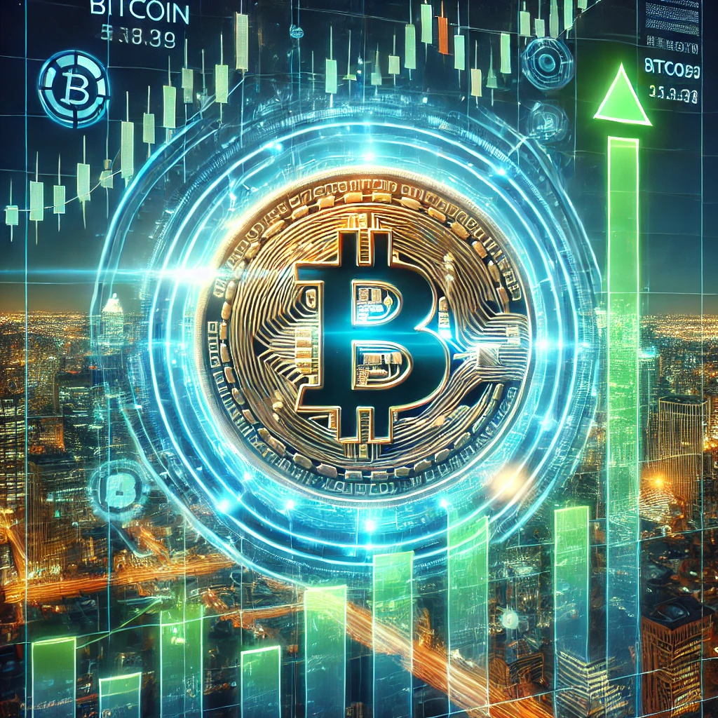 Futuristic digital artwork depicting Bitcoin's price prediction for the next bull run, featuring a glowing Bitcoin coin rising on a financial chart with neon lights and holographic market indicators.