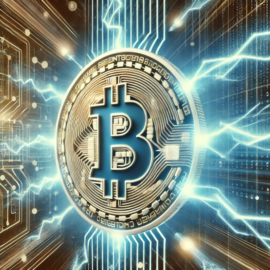 A futuristic digital illustration inspired by the Bitcoin Lightning Network. A large glowing Bitcoin symbol is at the center, surrounded by electric blue lightning bolts representing instant and low-cost transactions. The background features a high-tech digital grid with a fast-moving financial pulse effect, symbolizing blockchain technology and scalability. The color scheme consists of blue, gold, and white, emphasizing innovation and speed."