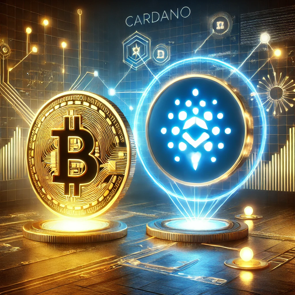 Futuristic digital illustration of Bitcoin and Cardano integration in the DeFi space, featuring a golden Bitcoin coin connected to a glowing blue Cardano symbol through a blockchain bridge.