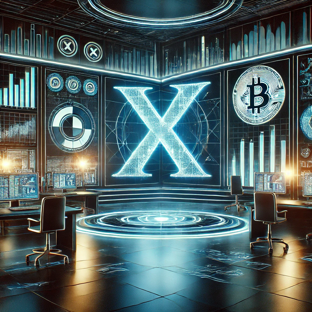 A futuristic digital illustration of a high-tech newsroom with glowing financial charts, cryptocurrency symbols, and a large screen displaying the X logo. The scene represents the intersection of finance and technology, symbolizing the rise of social media-driven financial discussions. The atmosphere includes neon blue and black tones, creating a sleek and modern aesthetic."