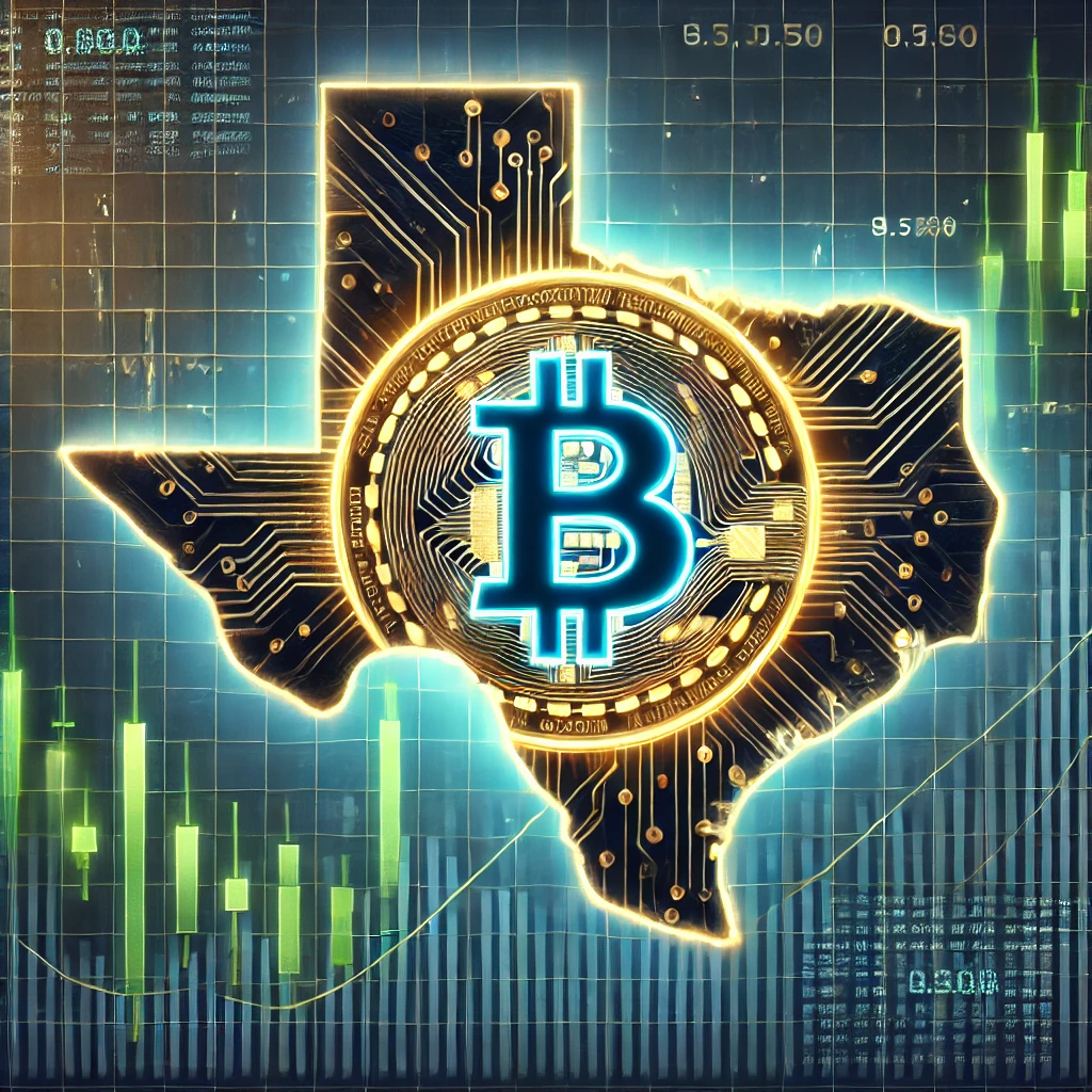 Texas state outline with a glowing Bitcoin symbol, representing Bitcoin adoption.