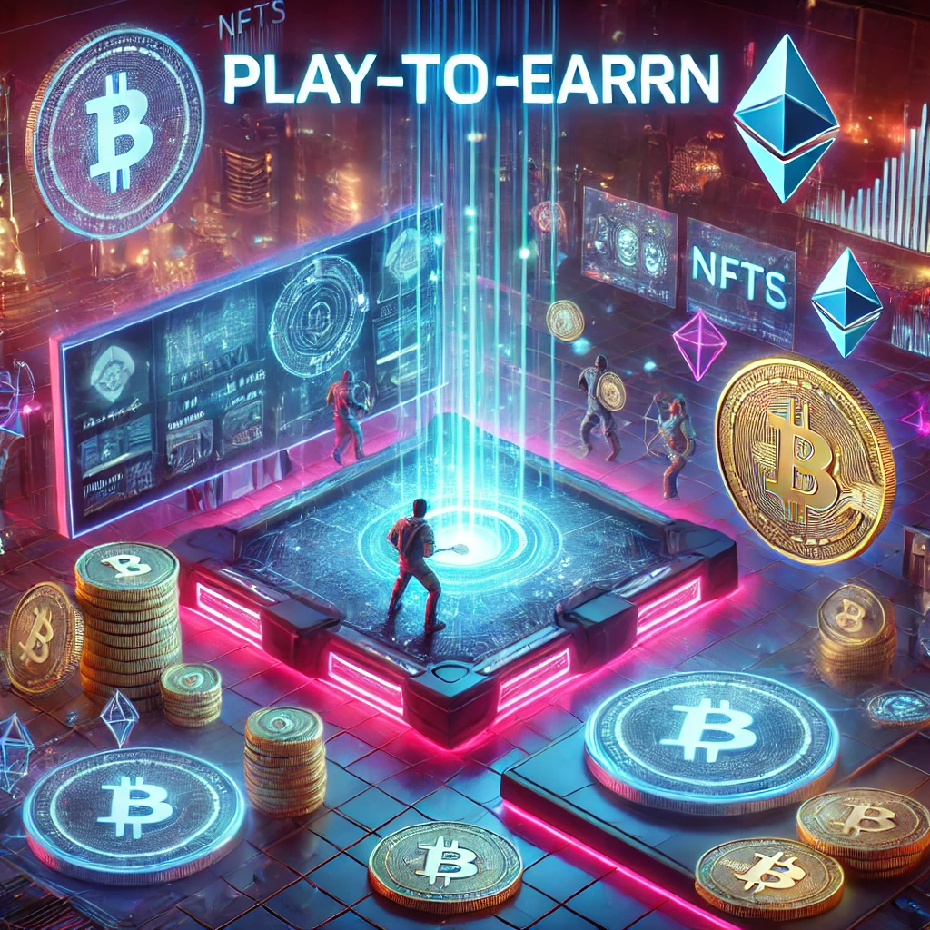 A futuristic neon-lit gaming arena where a player is earning cryptocurrency rewards through Play-to-Earn (P2E) gaming. Floating digital coins, NFTs, and blockchain networks surround the scene, emphasizing the financial aspect of blockchain gaming.