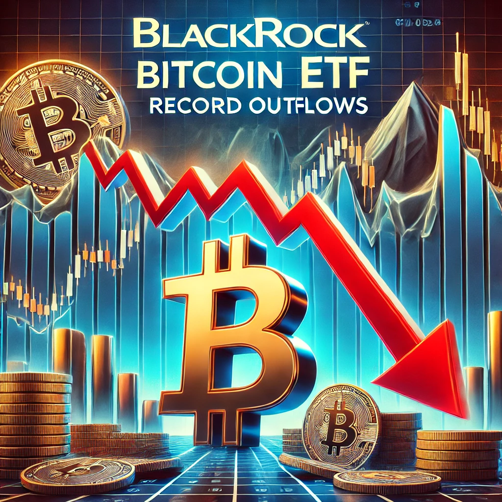Illustration of BlackRock's Bitcoin ETF facing record outflows, with a downward-trending ETF chart, a red decline arrow, and Bitcoin price charts showing BTC dropping below $80K.