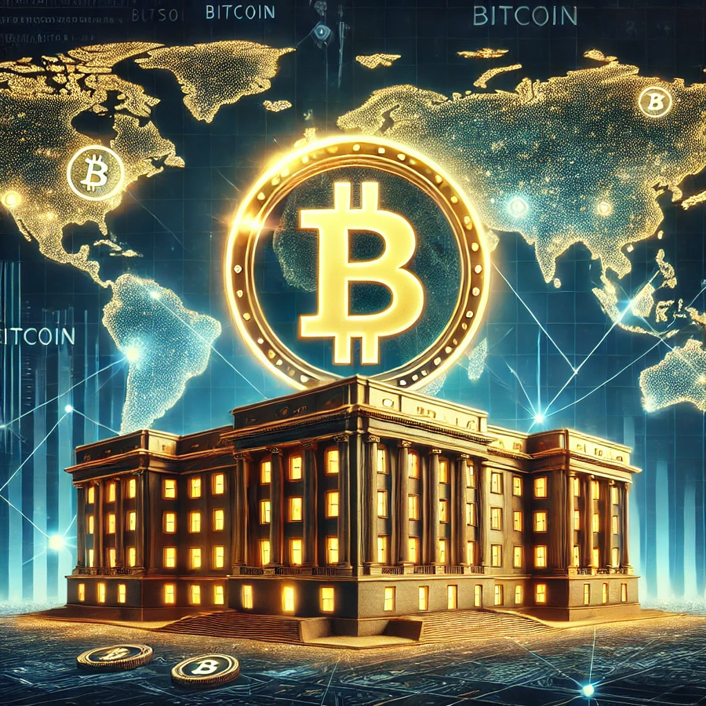 A government building with a glowing Bitcoin symbol on top, representing state and national Bitcoin reserves.
