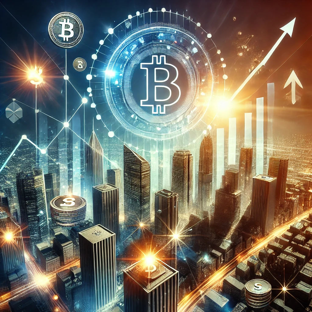 Visual representation of Solana's blockchain growth and stablecoin surge, featuring digital finance elements, rising market trends, and cryptocurrency transactions