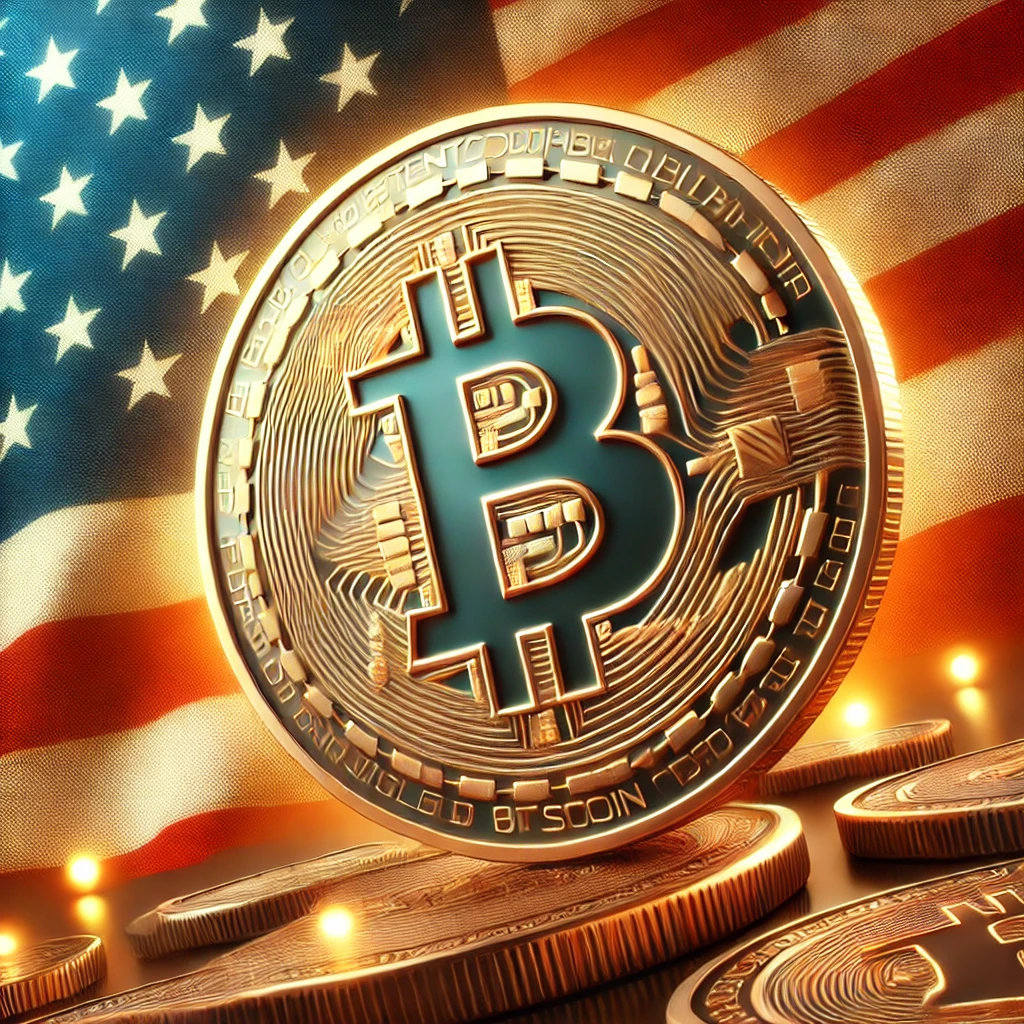 Bitcoin logo with an American flag in the background, symbolizing the intersection of cryptocurrency and U.S. politics.