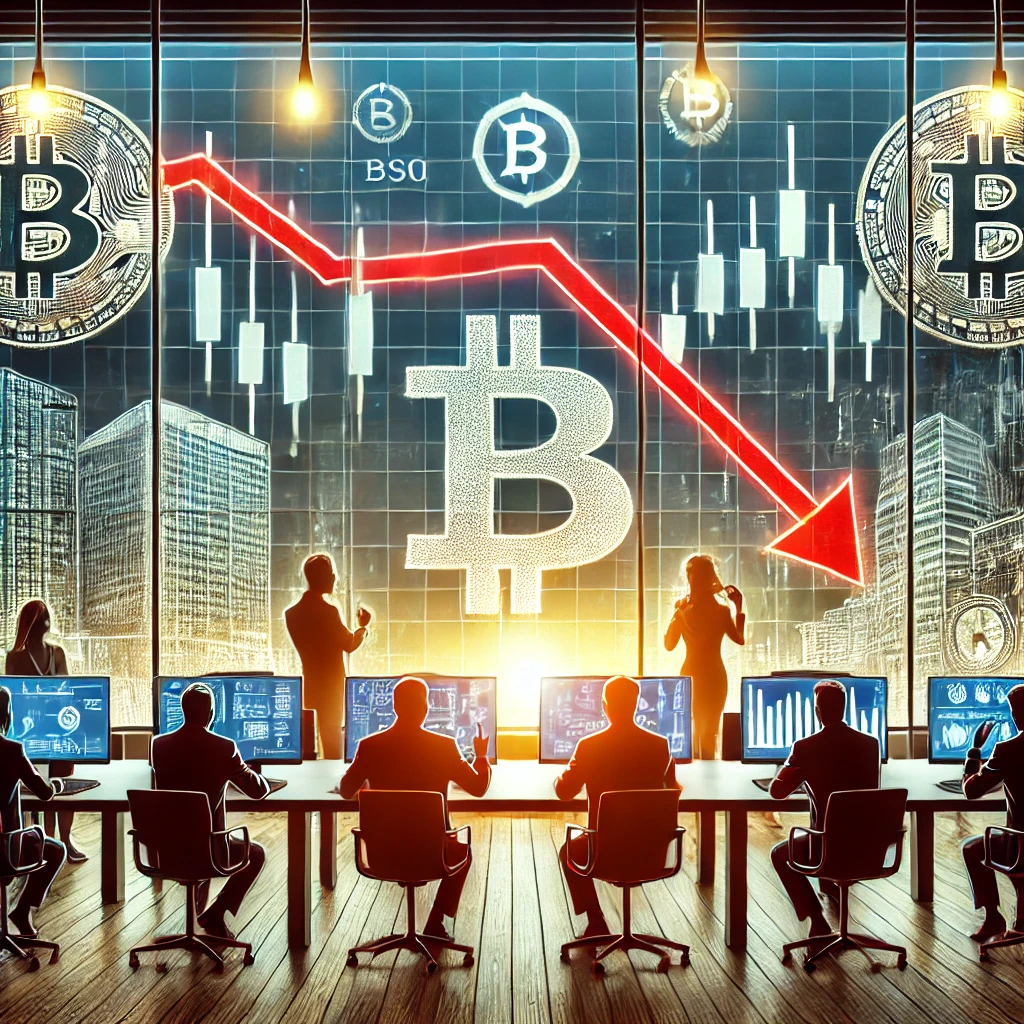 Illustration of institutional investors analyzing Bitcoin during a market dip, with financial analysts reviewing charts showing a red downward trend in a modern office.