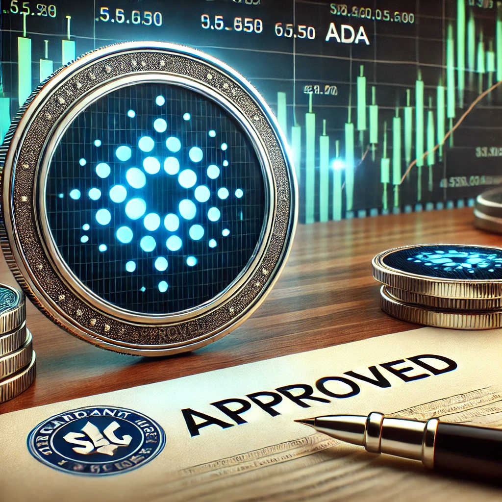 Illustration of Cardano ETF approval by the SEC, featuring the official Cardano logo, an upward-trending stock market chart, and a document stamped 'Approved' with the SEC seal.