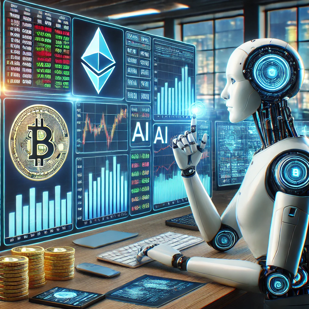 A realistic digital illustration depicting AI in cryptocurrency trading. The image features a futuristic AI-powered trading bot analyzing crypto market charts on multiple screens. A Bitcoin coin and Ethereum logo are prominently displayed, symbolizing AI-driven trading decisions. The background includes a financial trading floor with real-time price movements, representing institutional crypto adoption.