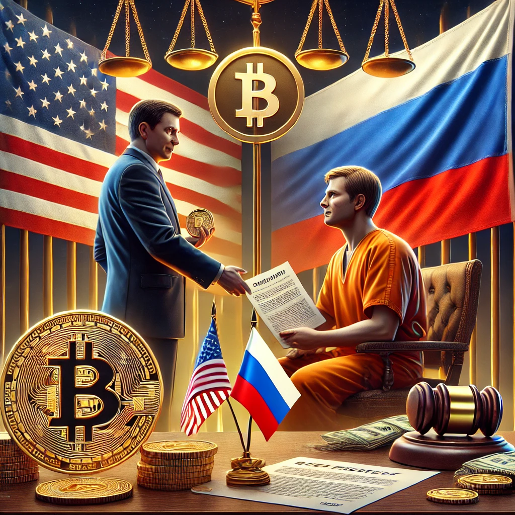 A realistic digital illustration representing Alexander Vinnik's return to Russia in a prisoner swap. The image features a symbolic exchange scene with the Russian and U.S. flags in the background. A Bitcoin coin and legal documents are prominently displayed, symbolizing the crypto-related legal battles. The setting has a diplomatic and law enforcement tone, reflecting high-stakes negotiations and cybercrime enforcement