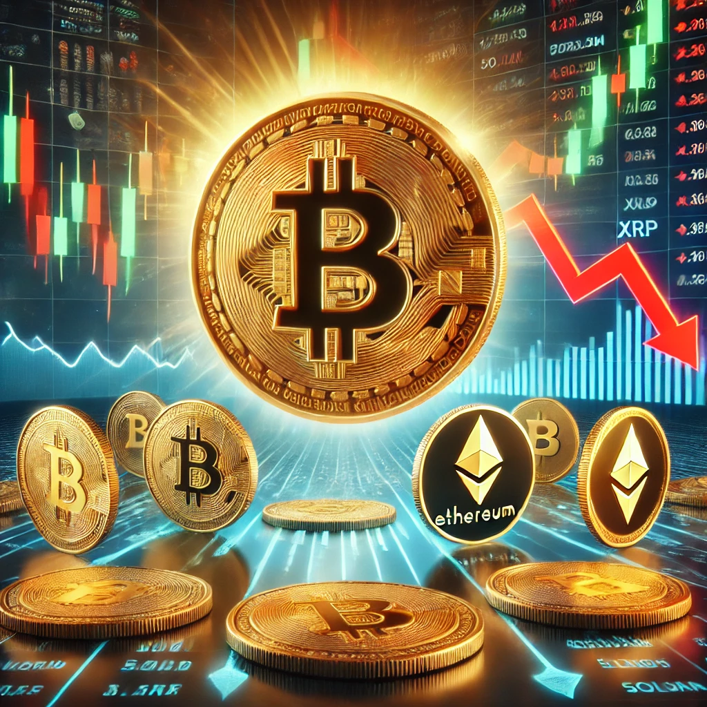 A realistic digital illustration representing Bitcoin's surge while altcoins struggle. A large, glowing Bitcoin coin rises above a financial graph, symbolizing its growth and dominance. In the background, smaller altcoins like Ethereum, Solana, and XRP appear to be falling, with red downward arrows indicating their decline. A digital stock market board reflects the volatility of the market. The color scheme features gold and green for Bitcoin's success, contrasted with red and blue for altcoin turbulence."