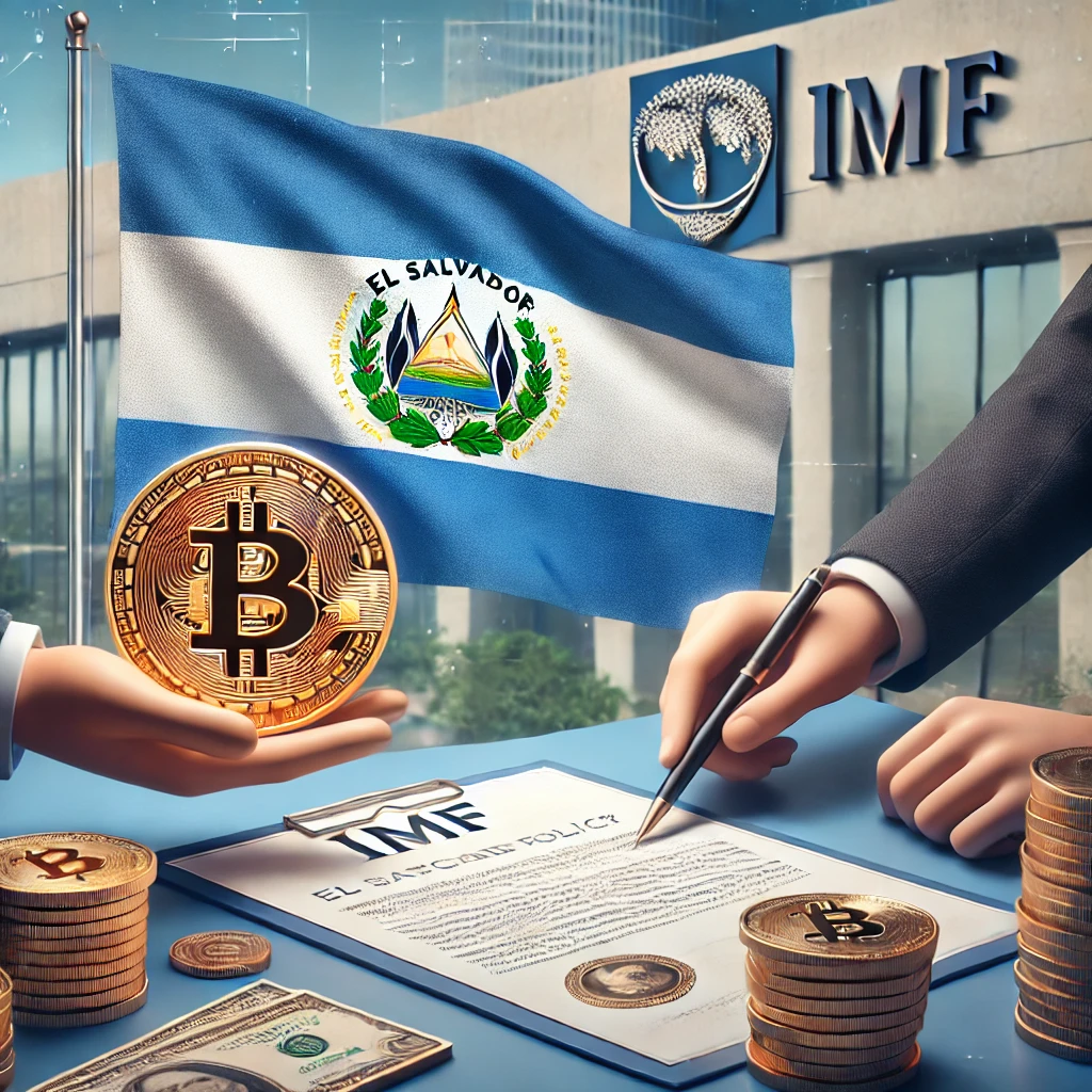 A realistic digital illustration representing El Salvador adjusting its Bitcoin policy under an IMF agreement. The image features the El Salvador flag, a Bitcoin coin being reviewed with official documents, and an IMF building in the background. The setting reflects financial negotiations and regulatory adjustments, with a professional and neutral color scheme