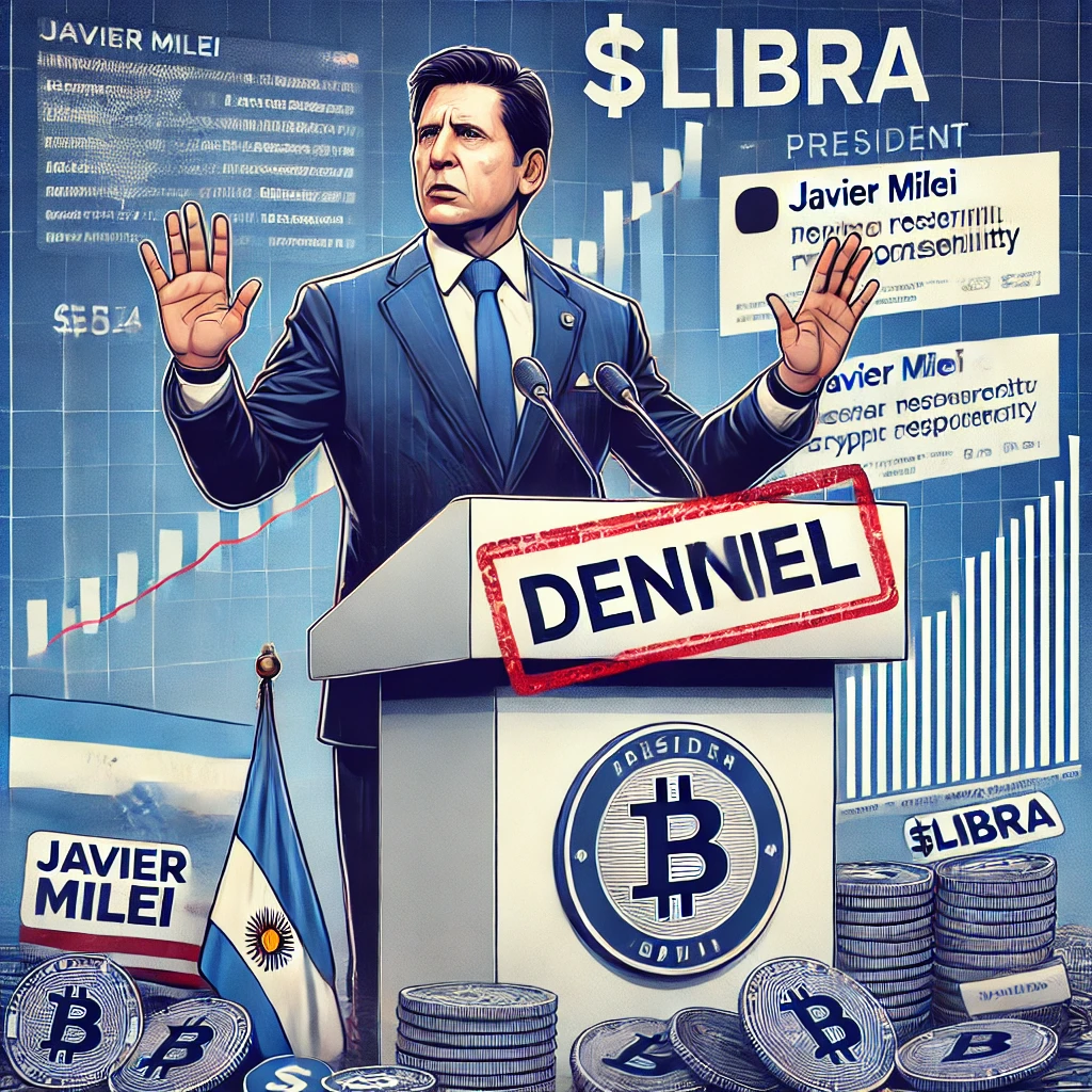 A realistic digital illustration representing President Milei's denial of responsibility in the $LIBRA cryptocurrency scandal. Milei is seen standing behind a podium, gesturing defensively, with social media posts and collapsing crypto charts in the background. A large ‘DENIAL’ stamp overlays the image to emphasize the controversy. The color scheme includes blue, white, and red, reflecting the Argentine political and financial climate.