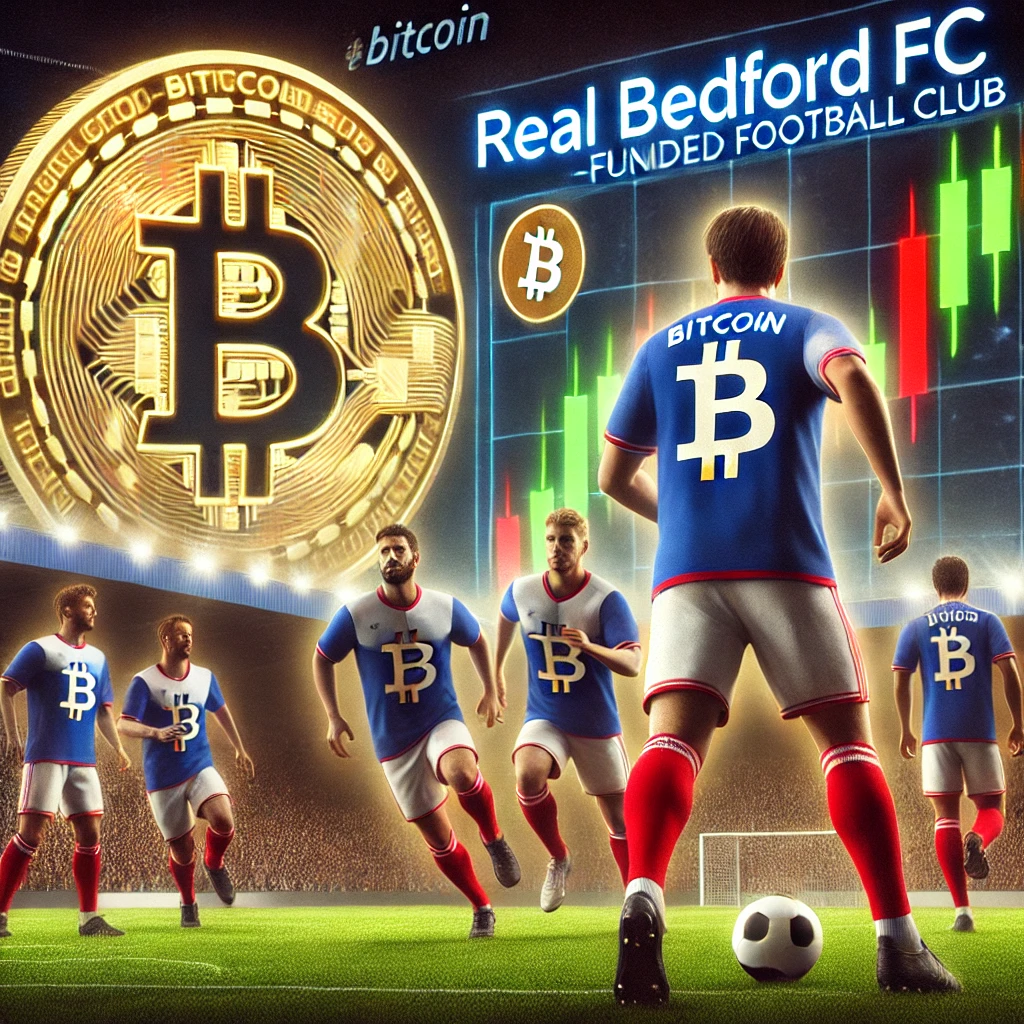 A realistic digital illustration representing Real Bedford FC as a Bitcoin-funded football club. The image features a football stadium with Real Bedford FC players in action, wearing jerseys with a Bitcoin logo. In the background, a digital display shows Bitcoin price charts, symbolizing the club’s financial model. The scene captures the excitement of a football match, blending cryptocurrency and sports innovation.