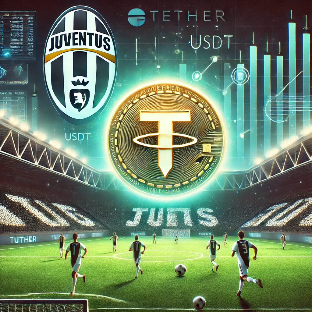 A realistic digital illustration representing Tether's investment in Juventus. The image features a Juventus football stadium with a large glowing Tether (USDT) logo in the background, symbolizing the connection between cryptocurrency and sports. Juventus players are seen on the field, while digital financial charts and blockchain elements subtly overlay the scene. The color scheme includes green and black to reflect both Tether and Juventus' branding