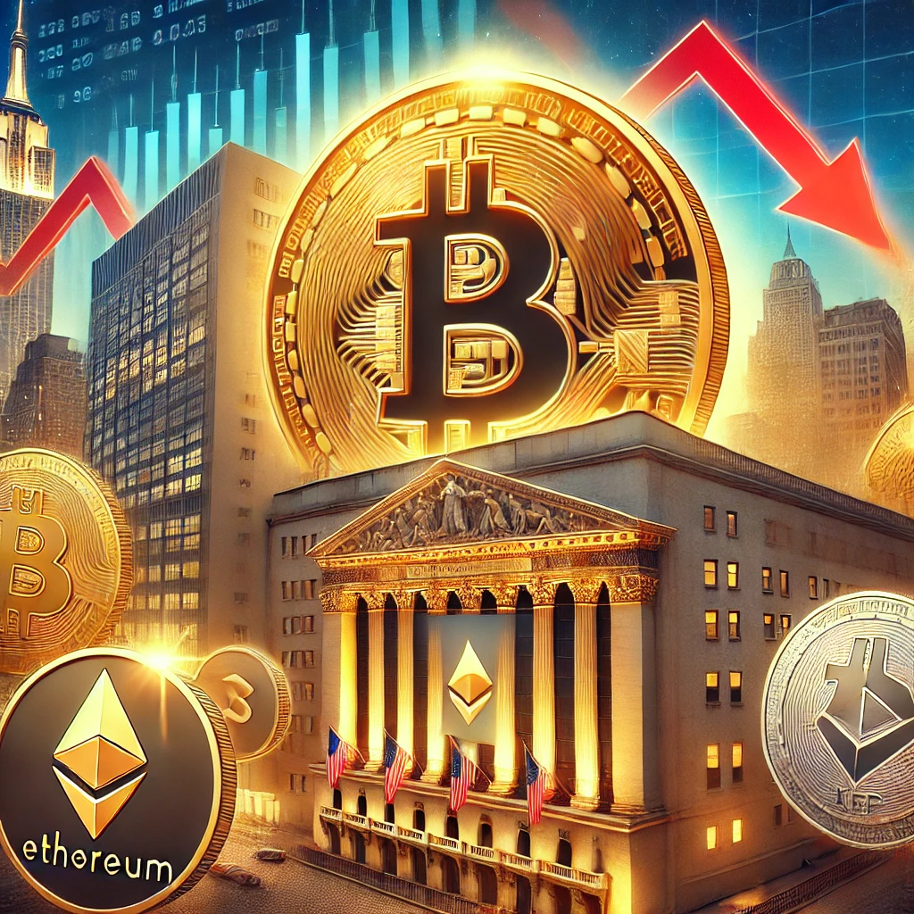 A realistic digital illustration representing Wall Street's investment in Bitcoin while altcoins struggle. A large, glowing Bitcoin coin towers over the New York Stock Exchange, symbolizing institutional backing. In the background, smaller altcoins like Ethereum, Solana, and XRP appear to be sinking, with red downward trend arrows indicating market uncertainty. The color scheme includes gold for Bitcoin’s success, contrasted with red and blue for altcoin volatility.