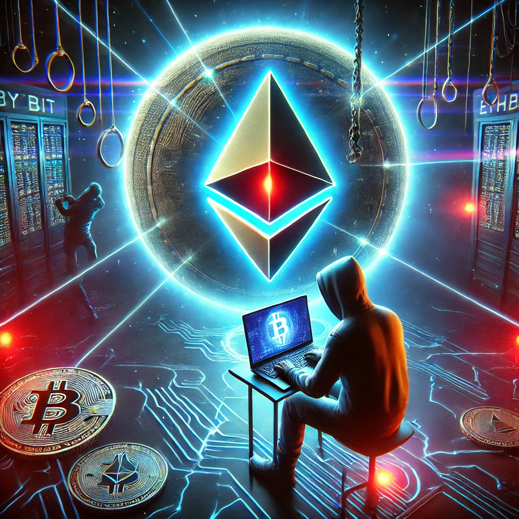A realistic digital illustration representing the Bybit exchange hack. The image features a futuristic, high-tech security breach scene with a glowing Ethereum logo being siphoned away by hackers in the background. A dark, cyber-themed environment with digital cracks and blockchain transaction flows represents the vulnerability exploited. The color scheme includes dark blues, reds, and neon highlights to symbolize danger and cybersecurity threats.