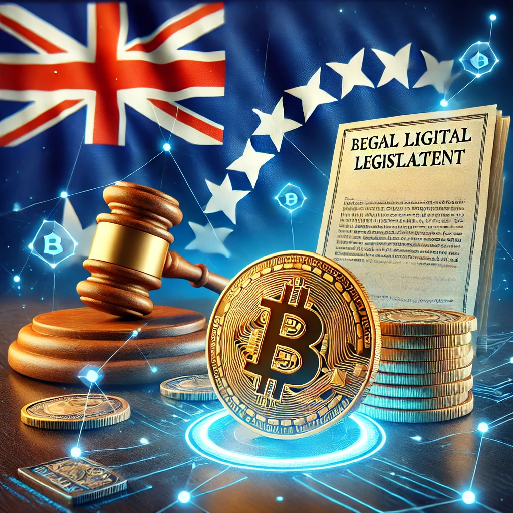 A realistic digital illustration representing the Cook Islands' new cryptocurrency legislation. The image features the Cook Islands flag in the background, a Bitcoin coin under legal scrutiny with official documents and a gavel, symbolizing regulatory action. A digital network effect represents tracking and recovering illicit crypto transactions. The color scheme includes blue, gold, and white, emphasizing authority and technological innovation.