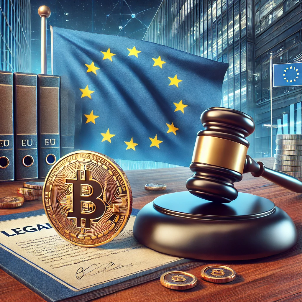 A realistic digital illustration representing the European Union's new crypto regulations. The image features the EU flag in the background, a Bitcoin coin with legal documents and a gavel in the foreground, symbolizing the legal framework. The setting includes a modern European financial district, representing institutional adoption and regulation.