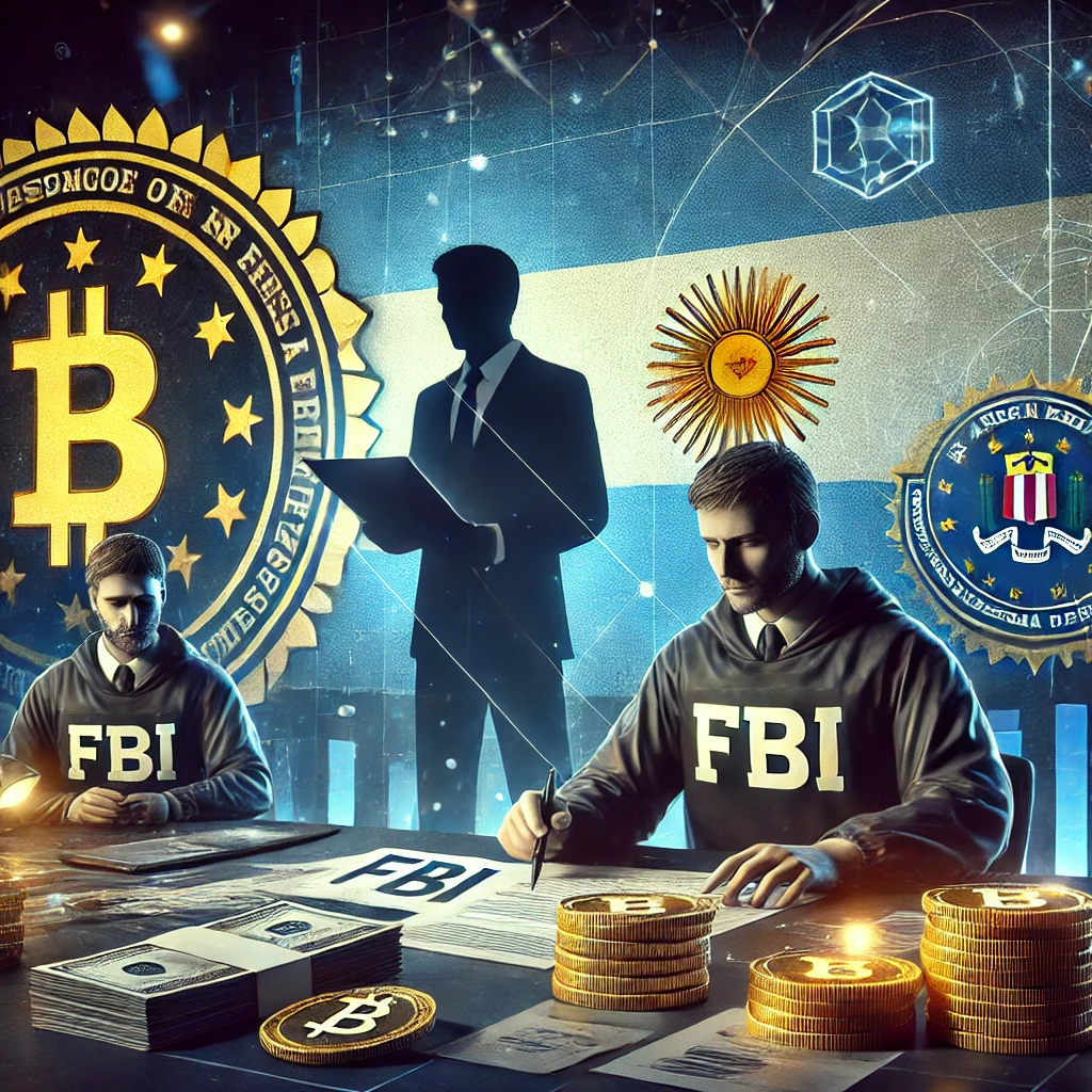 A realistic digital illustration representing the FBI's investigation into Argentine President Milei's alleged crypto fraud. The image features FBI agents analyzing financial documents with digital cryptocurrency symbols in the background. A shadowy figure representing Milei is seen with Argentine flags behind him, emphasizing the political and financial scandal. The color scheme includes dark blue and gold to reflect the seriousness of the investigation