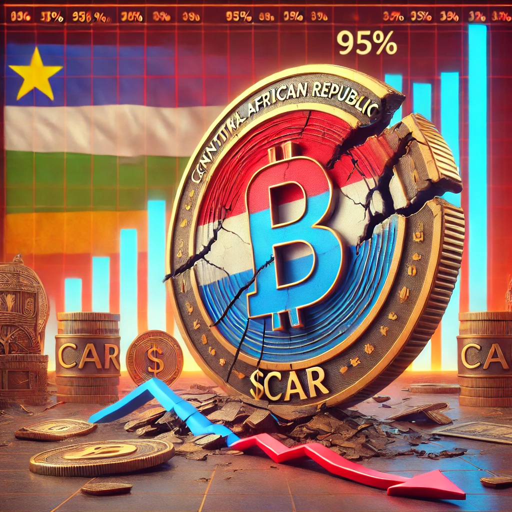 A realistic digital illustration representing the collapse of the Central African Republic's $CAR memecoin. A large, cracked coin with the $CAR logo symbolizes its massive price drop. In the background, a financial chart shows a steep downward trend representing the 95% crash. The image incorporates elements of Central African culture and the national flag, emphasizing its government-backed nature. The color scheme includes red, blue, and gold, reflecting financial instability and market volatility.