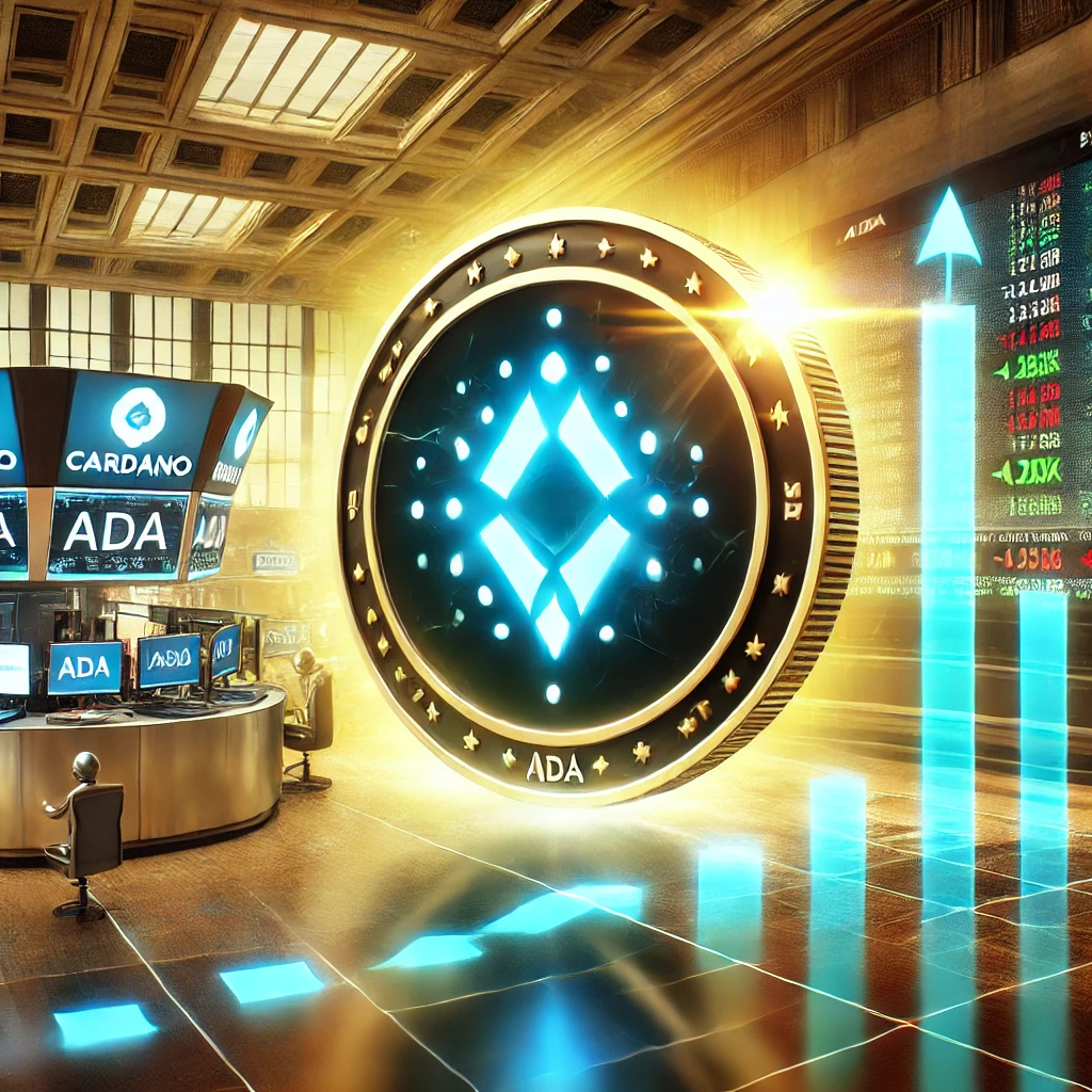 A realistic digital illustration representing the potential of a Cardano (ADA) ETF and its price speculation. A large glowing Cardano coin rises on a stock market chart, symbolizing growth and investor interest. In the background, a Wall Street-style trading floor with traders and screens displaying ADA price predictions. The color scheme includes blue, green, and gold to emphasize optimism and financial success.