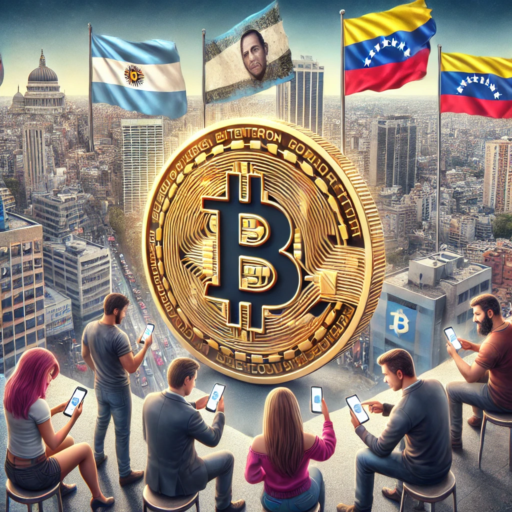 A realistic digital illustration representing the surge of Bitcoin adoption in Latin America due to inflation. The image features a Bitcoin coin prominently displayed with Latin American currencies (Argentine peso, Venezuelan bolívar, Brazilian real) devaluing in the background. A diverse group of people using smartphones for Bitcoin transactions symbolizes financial inclusion. The setting includes a Latin American cityscape with a mix of modern and traditional architecture.