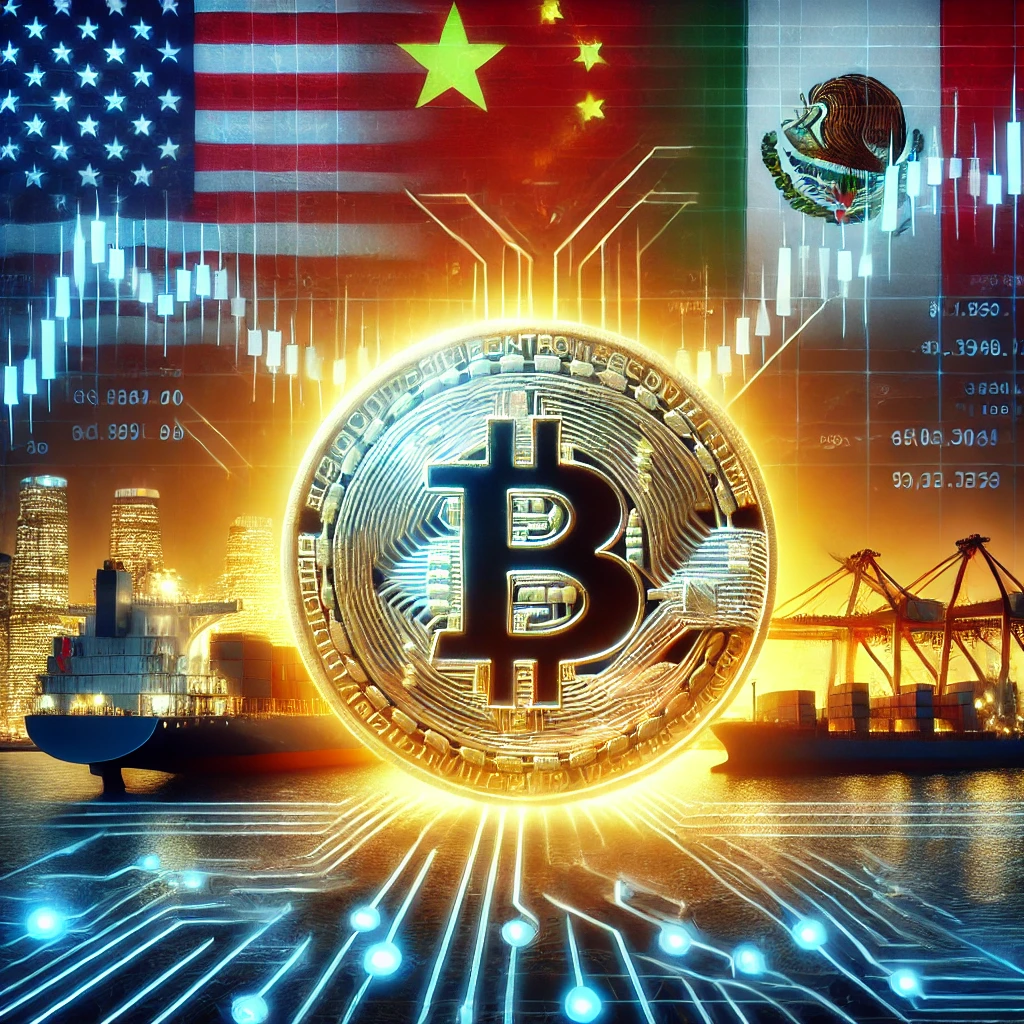 A digital illustration of Bitcoin adoption influenced by global trade tensions. The image features a glowing Bitcoin coin in the foreground, with blockchain circuit patterns. In the background, cargo ships, stock market fluctuations, and the prominently displayed flags of the United States, China, Canada, and Mexico represent economic uncertainty.