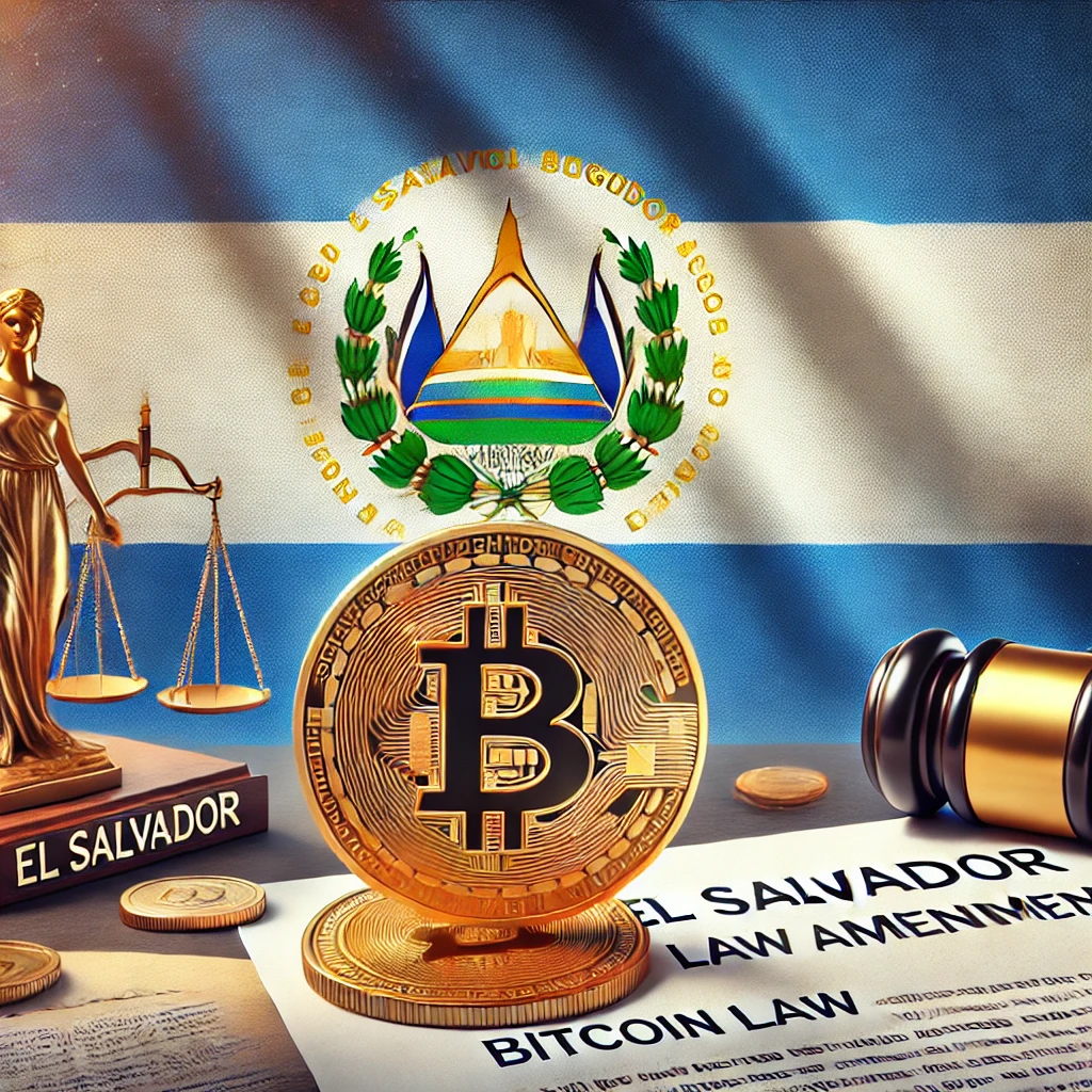 An illustration of El Salvador’s Bitcoin law amendment featuring a large Bitcoin coin in front of the El Salvador flag. Legal documents and a government building appear in the background, symbolizing regulatory changes. The color scheme includes blue, gold, and white, highlighting both Bitcoin adoption and legislative updates.