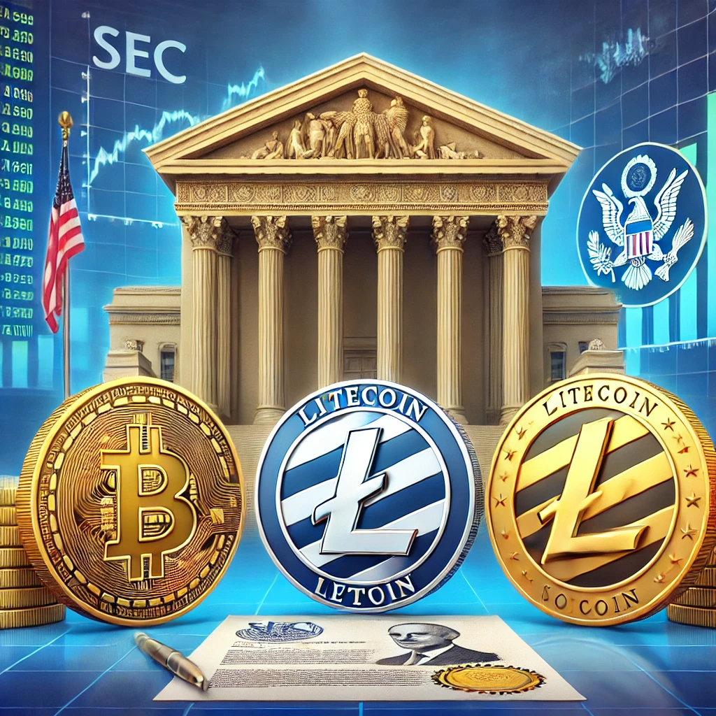 A digital illustration representing the SEC’s review of XRP, Litecoin, and Solana ETFs. The image features the SEC building in the background, with large coins of XRP, Litecoin (LTC), and Solana (SOL) in front. A financial document with an approval stamp is visible, symbolizing regulatory progress. The blue and gold color scheme conveys professionalism and authority.