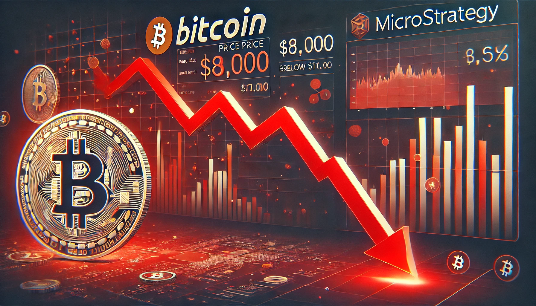 Feature image showing Bitcoin price dropping below $80,000 and MicroStrategy stock sliding, with red market downturn visuals.
