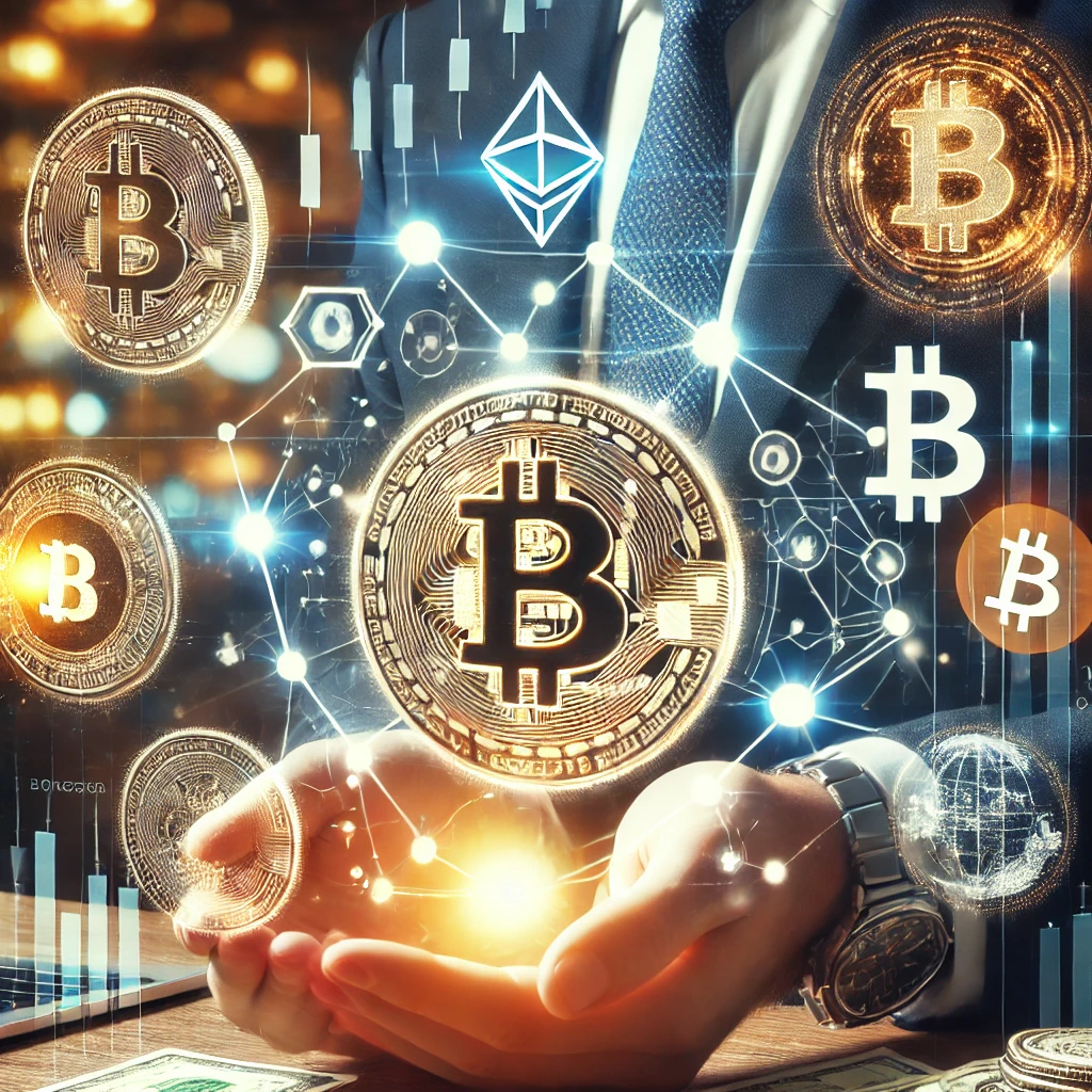 A professional image representing cryptocurrency with Bitcoin and Ethereum symbols, blockchain connections, and traditional finance elements.